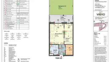Grundriss einer Wohnung mit Wohnküche, Schlafzimmer, Bad, Loggia und eigenem Gartenbereich.