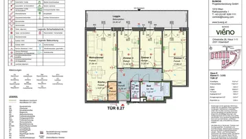Detaillierter Grundriss einer Wohnung mit Loggia, drei Schlafzimmern und zwei Bädern.