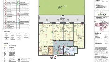 Grundriss einer Wohnung im Erdgeschoss mit drei Zimmern, Loggia und Gartenanteil.