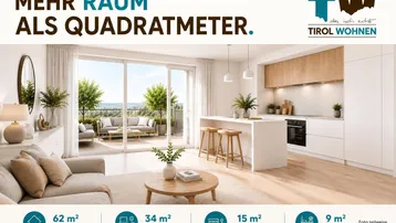 Heller, offener Wohn- und Küchenbereich mit modernen Möbeln, großen Fenstern und Zugang zu einem Balkon mit Weitblick.