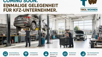 Geräumige Kfz-Werkstatt mit mehreren Hebebühnen und gut ausgestatteten Arbeitsbereichen, ideal für Fahrzeugreparaturen.