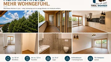 Collage einer modernen Wohnung mit heller Einbauküche, Bad mit begehbarer Dusche, Loggia und Bergblick.