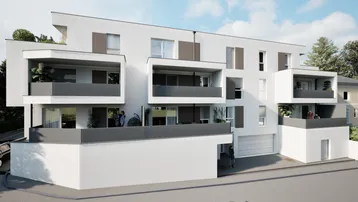 Moderne Wohnanlage mit mehreren Balkonen und Terrassen in zeitgenössischem Design.