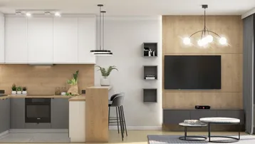 Moderne offene Wohnküche mit Holzakzenten, integrierter Bar und Wohnbereich mit Fernseher.