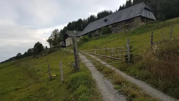 Altes Bauernhaus auf einem Hügel mit Zufahrtsweg und umgebender Naturlandschaft.