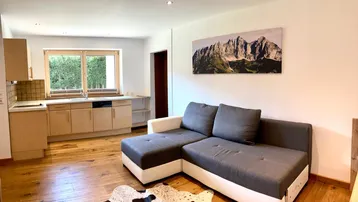 Gemütlicher Wohnbereich mit Sofa, Holzboden und integrierter Küchenzeile, dekoriert mit Bergbild.