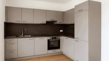 Moderne Einbauküche in Grau mit integriertem Backofen und Laminatboden.