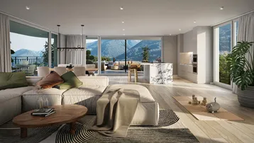 Helles, offenes Wohnzimmer mit moderner Küche, Holzboden und atemberaubendem Bergblick.