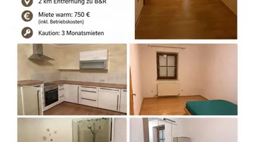 Collage zeigt verschiedene Innenräume einer Mietwohnung, darunter Flur, Küche, Schlafzimmer und Badezimmer.