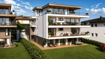 Moderne Wohnanlage mit mehreren Balkonen und Terrassen, umgeben von Grünflächen.