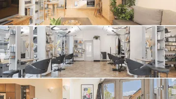 Collage mit verschiedenen Innenräumen, darunter eine offene Küche, ein Wohnbereich und ein professioneller Salon.