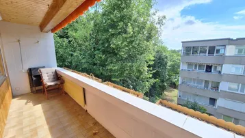 Geräumiger Balkon mit Fliesenboden, Holzdecke und Blick ins Grüne sowie auf ein Nachbargebäude.