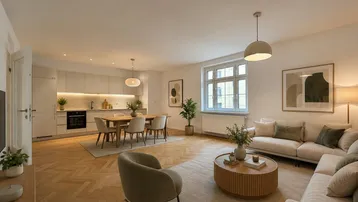 Virtuell möblierter offener Wohnbereich mit integrierter Küche, Essplatz und modernem Design.