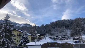 Winterliche Landschaft mit verschneiten Häusern und Bäumen unter einem bewölkten Himmel.