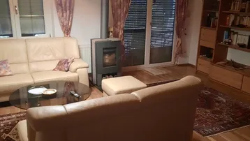 Wohnzimmer mit beigen Sofas, Holzofen und Zugang zur Terrasse durch große Fenster.
