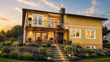 Modernes Haus mit gelber Fassade, beleuchtetem Eingangsbereich und gepflegtem Garten bei Sonnenuntergang.