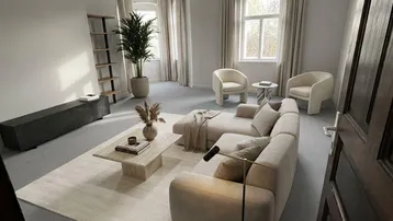 Großzügiges Wohnzimmer mit beigem Sofa, Teppichboden und großen Fenstern.