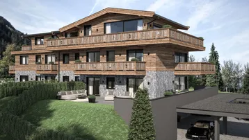 Moderne Chalet-Architektur mit Holzfassade, Steinelementen, großzügigen Balkonen und einer möblierten Terrasse.