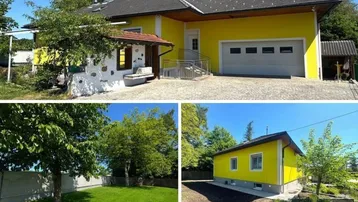 Collage mit Ansichten des Hauses, der Garage und des gepflegten Gartens bei sonnigem Wetter.