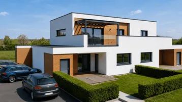 Modernes Einfamilienhaus mit Flachdach, Holzverkleidung, großen Fenstern und gepflegtem Gartenbereich.