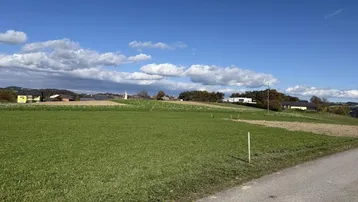 Weitläufige grüne Wiesenlandschaft unter blauem Himmel mit vereinzelten Gebäuden in der Ferne.