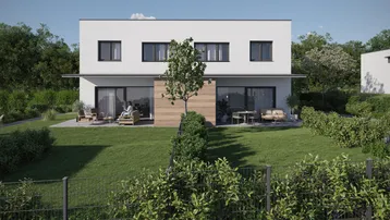 Moderne Doppelhaushälfte mit weißer Fassade, Holzverkleidung und einer möblierten Terrasse im Grünen.