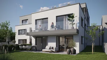 Moderne Wohnanlage mit Balkonen, Terrassen und gepflegtem Gartenbereich, ideal für Entspannung.