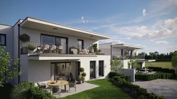 Moderne Wohngebäude mit Terrassen und Balkonen, umgeben von gepflegten Grünflächen unter blauem Himmel.