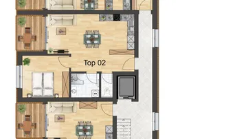 Grundriss des Erdgeschosses mit drei Wohneinheiten, jeweils mit Balkon und offenem Wohnbereich.