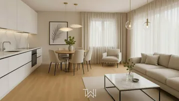 Heller, offener Wohn-Essbereich mit integrierter Küche, modernem Design und hellem Holzfußboden.
