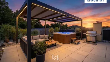 Exklusive Dachterrasse mit Pergola, Whirlpool, Grillbereich und atemberaubendem Sonnenuntergang.