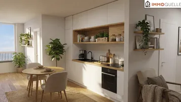 Moderne Einbauküche mit weißen Fronten, Holzregalen und integriertem Essbereich für zwei Personen.