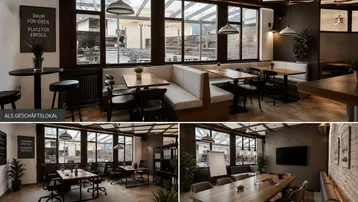 Vielseitiger Gewerberaum, der als modernes Restaurant, Büro und Konferenzraum genutzt werden kann, mit großen Fenstern und Holzakzenten.