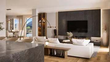 Moderner Wohnbereich mit Kamin, großem Sofa und offener Küche im Hintergrund.