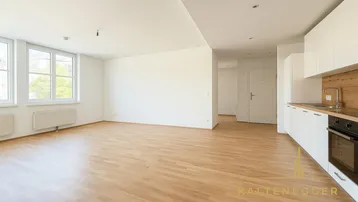 Heller, offener Wohn-Essbereich mit moderner Einbauküche und großen Fenstern.