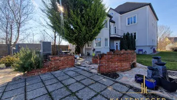 Außenbereich des Hauses mit gepflastertem Weg, Ziegelmauern und einem großen Baum im Garten.