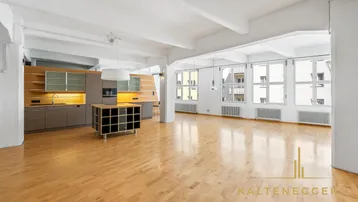 Heller, offener Wohnbereich mit moderner Küche, Holzboden und großen Fenstern.