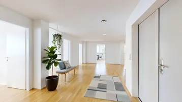 Heller und geräumiger Flur mit Holzfußboden, weißen Wänden und einer dekorativen Sitzbank.