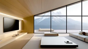Modernes Wohnzimmer mit Holzakzenten, minimalistischen Möbeln und atemberaubendem Bergblick durch große Fenster.