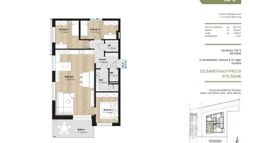 Grundriss einer 4-Zimmer-Wohnung im Obergeschoss mit Balkon und separatem WC.