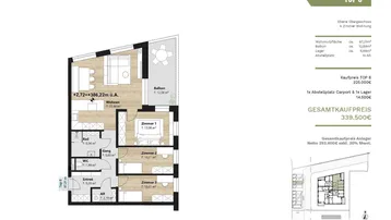 Detaillierter Grundriss einer 4-Zimmer-Wohnung im Obergeschoss mit Balkon und klarer Raumaufteilung.