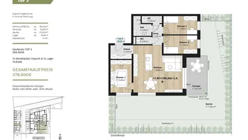 Grundriss einer 4-Zimmer-Wohnung im Erdgeschoss mit offener Wohnküche, Terrasse und Garten.