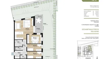 Detaillierter Grundriss einer 4-Zimmer-Wohnung im Erdgeschoss mit Terrasse und Garten.