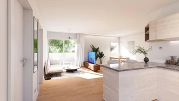 Offener Wohn-Essbereich mit moderner Küche, Holzboden und direktem Zugang zum Balkon.