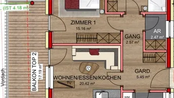 Detaillierter Grundriss einer modernen Wohnung mit offenem Wohnbereich, zwei Zimmern und großem Balkon.