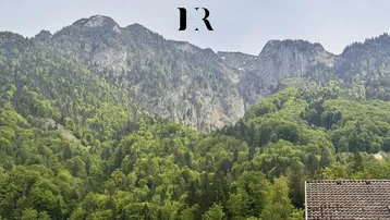 Panoramablick auf bewaldete Berge mit einem Teil eines Daches im Vordergrund.