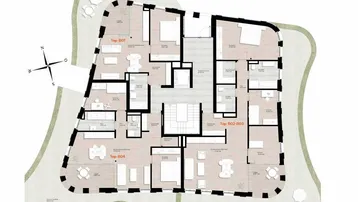 Detaillierter Grundrissplan mit mehreren modernen Wohneinheiten, großen Balkonen und Zugang zu Grünflächen.