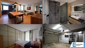 Collage zeigt verschiedene Innenräume wie Wohnbereich, Bad, Schlafzimmer und Garage.