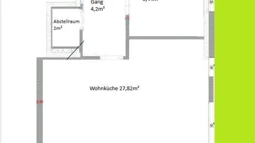 Grundriss einer Wohnung mit Schlafzimmer, Wohnküche, Bad, Abstellraum und Terrasse mit Garten.