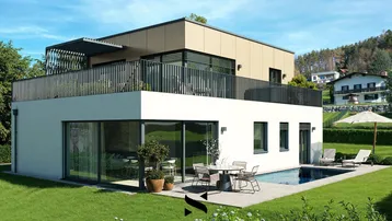 Moderne Villa mit Flachdach, privatem Pool und großzügigem Gartenbereich, umgeben von grüner Landschaft.